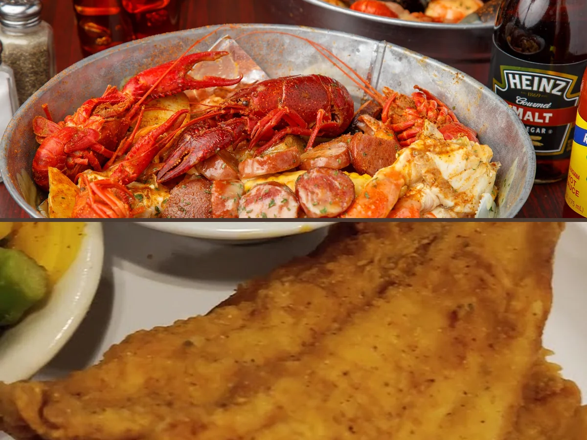 Plates of shrimp and fish beside hush puppies.