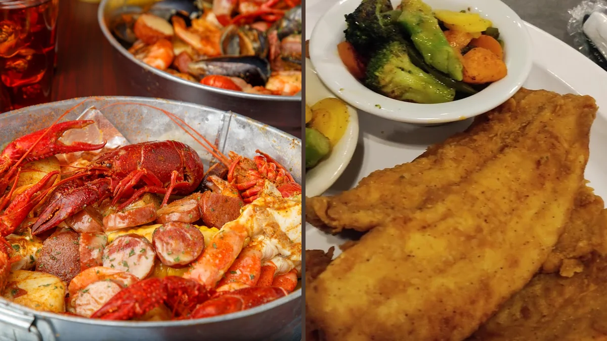 A relaxed seafood restaurant interior with table settings.