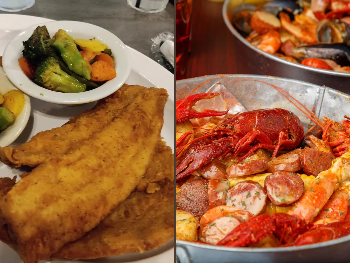 Seafood plates on a casual restaurant table.